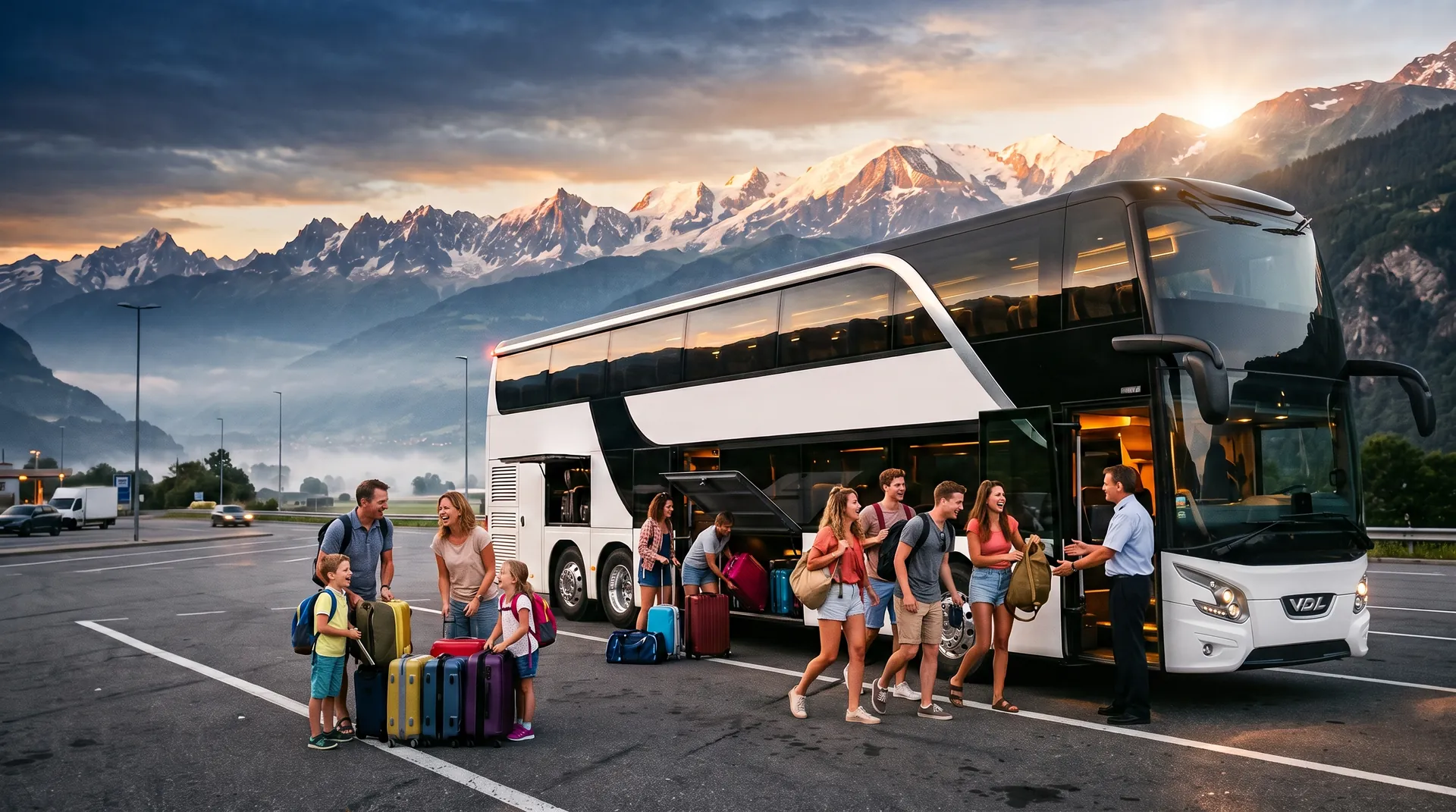 Des familles montent dans le car VDL blanc à deux étages au lever du jour, le chauffeur les accueille, les montagnes du Valais en fond